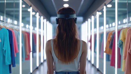 Woman wears VR headset in modern store aisle. She browses virtual clothing racks and tries on outfits using augmented reality tech. shopping and fashion experience.