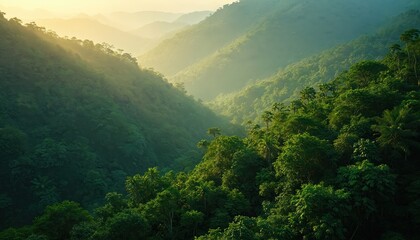 Fototapeta premium Aerial view shows tropical rainforest mountains at sunrise. Golden sunlight beams through morning mist, illuminating deep green jungle valley. Nature looks calm, untouched with rich plant life,