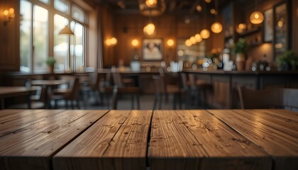 "Empty Wooden Table Top with Golden Bokeh Lights in Cozy Dark Café Background"