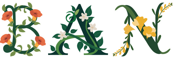 BAN, Botanical Alphabet Decorative Vector