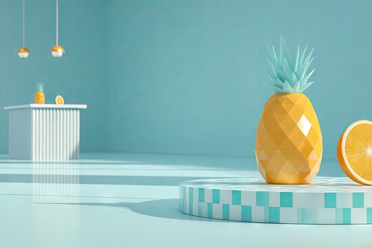 Turquoise room with stylized pineapple and orange slice