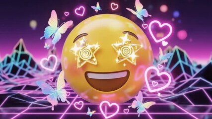 Animated Emoji with Star Eyes, Butterflies, and Neon Hearts in Retro Futuristic Scene - Powered by Adobe