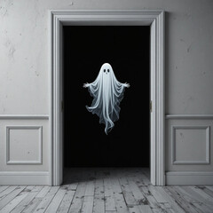 A ghost floats eerily in a minimal orange room, creating a stylish and spooky atmosphere perfect for a Halloween party invitation.