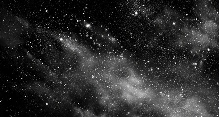 Dark, abstract cosmic scene with numerous scattered light points and hazy cloud-like forms