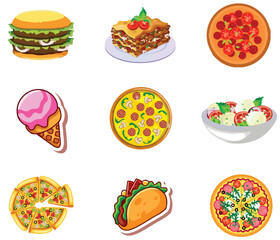 Colorful Fast Food Vector Icons Set - Burger, Pizza, Taco, Lasagna, Ice Cream and Salad Illustrations