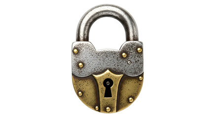 Antique brass and steel padlock isolated on transparent background