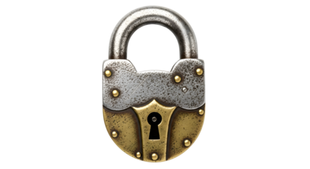 Antique brass and steel padlock isolated on transparent background