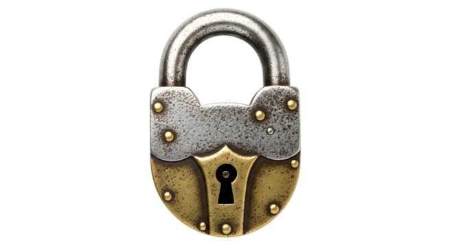 Antique brass and steel padlock isolated on transparent background