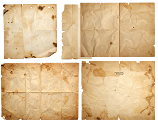 Four vintage paper sheets, creased and stained, with torn edges, aged look