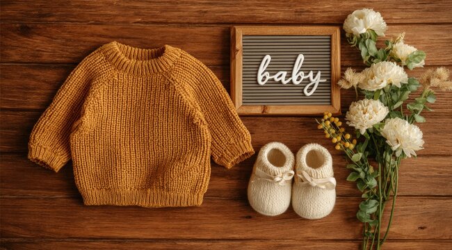 Soft baby essentials arranged thoughtfully. A mustard sweater, tiny shoes, and a charming sign create a warm and inviting scene. ..Created with Generative AI, not depicting real subjects. - Powered by Adobe