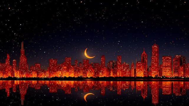Night cityscape silhouette with illuminated buildings and crescent moon