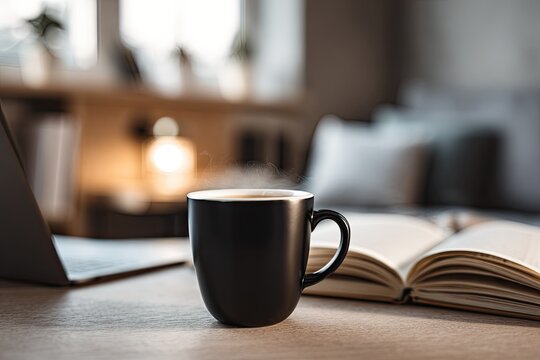 Steaming coffee cup on a desk with a laptop and open book in a cozy room - Powered by Adobe