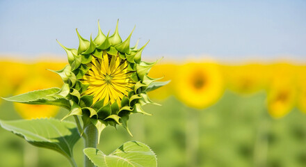 A tight, green sunflower bud is featured prominently against a blurred, vibrant yellow field of sunflowers under a clear blue sky.