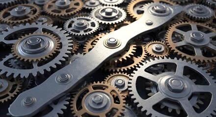 Intricate metallic gears meshing together creating a complex mechanical system symbolizing industry progress and precision engineering in a detailed close up