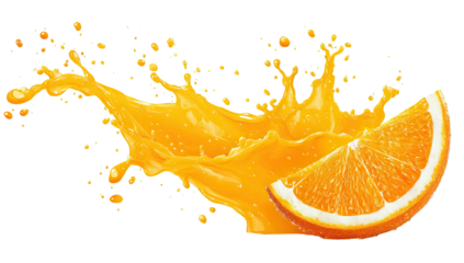 A vibrant orange juice splash and slice against a stark black background, capturing dynamic movement