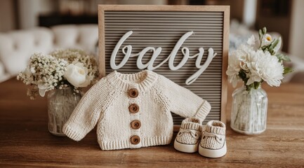A heartwarming setup announcing a new arrival, featuring a charming baby outfit set against a backdrop of tender flowers. ..Created with Generative AI, not depicting real subjects.