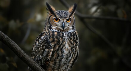 Fototapeta premium Great horned owl perched on a branch in a forest, wildlife portrait