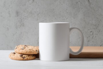 White ceramic mug next to two chocolate chip cookies on a white table, concrete wall