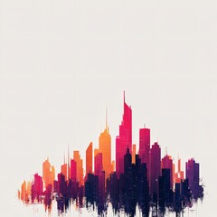 Obraz premium Vibrant city skyline illustration with watercolor effect, showcasing a modern cityscape with warm color palette