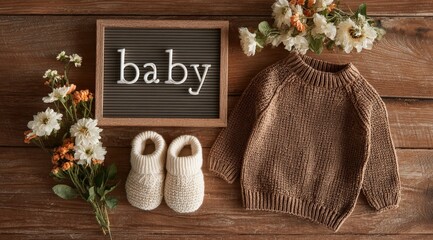 Anticipation of New Life: A wooden sign spelling baby, alongside tiny knitted booties and a soft sweater, creates a heartwarming scene of maternal affection.  Generative Ai