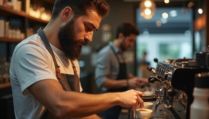 Man with beard making espresso in a cafe. Barista preparing coffee in coffee machine. Male coffee shop worker wearing apron. Coffee preparation process in a coffee shop.