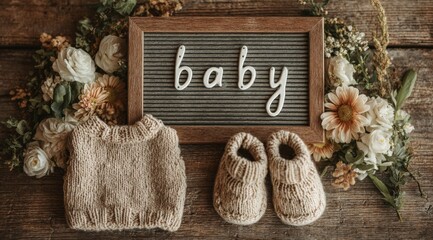 Anticipation of New Life: A tender composition, featuring a soft knitted sweater, tiny shoes, a sign with the word baby, all artfully arranged among delicate floral. Generative Ai