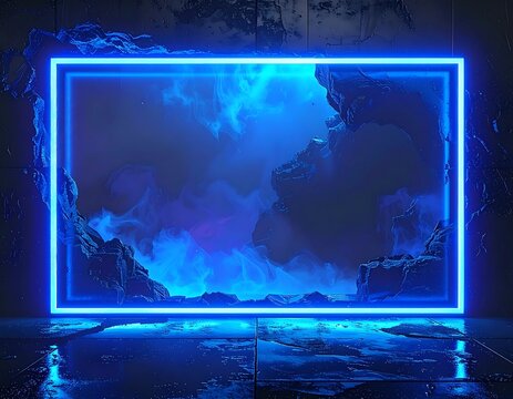 Futuristic glowing blue neon frame with a cloudy, rocky background - Powered by Adobe