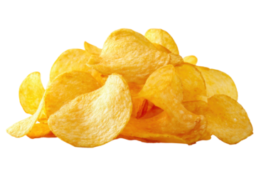 A pile of thin, golden potato chips, isolated against a transparent black background