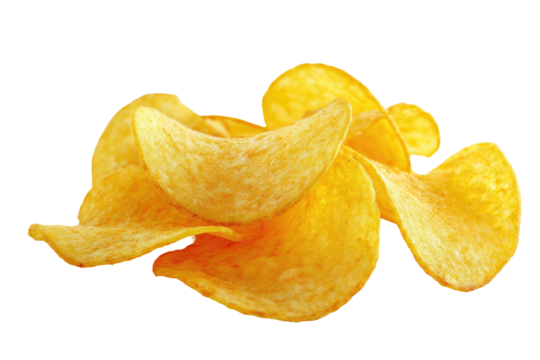 Golden, crispy potato chips on a transparent backdrop, showing close-up textures and shapes