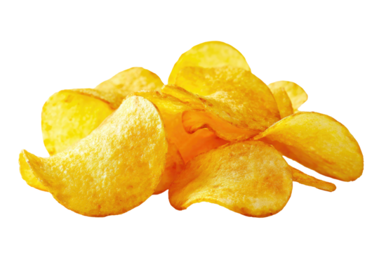 A pile of crispy golden potato crisps on a transparent backdrop. Close-up captures textures and shapes