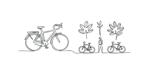 Obraz premium Continuous line drawing of bicycles and foliage
