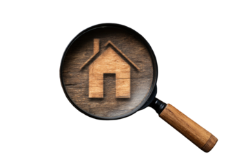 A wooden house silhouette is magnified by a lens on a dark surface