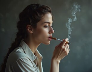 Obraz premium Young woman smokes electronic cigarette. Smoke rises, looks away thoughtfully. Lady holds vape device, pensive. Female finds calm, reflective peace in quiet, introspective moment, personal solitude.