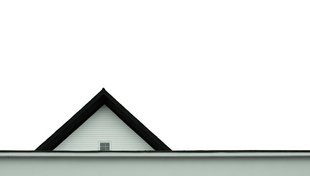 Minimalist shot featuring a portion of a house's triangular roof against a stark black sky