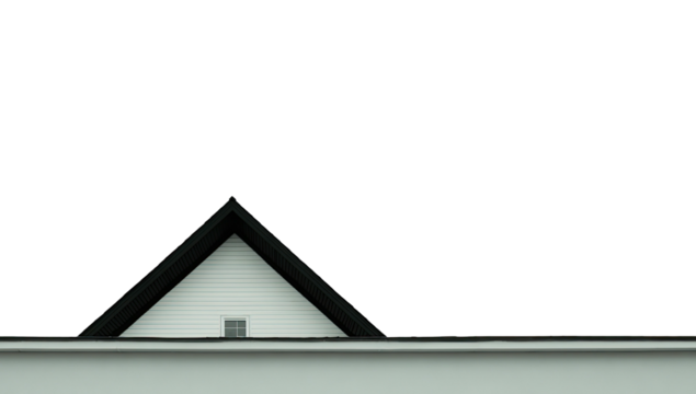 Minimalist shot featuring a portion of a house's triangular roof against a stark black sky