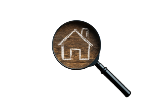 A magnifying glass over a drawn house, on a wooden surface, against a stark black backdrop