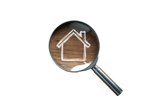 Magnifying glass focuses on a house silhouette drawn on a wooden surface, all against black