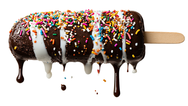 Delectable chocolate-covered frozen treat, dripping with sweet glaze and colorful sprinkles