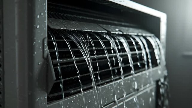 Close up of water pouring over an air conditioner unit