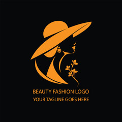 Elegant Woman Silhouette with Hat and Flower – Beauty Fashion Logo Design in Orange