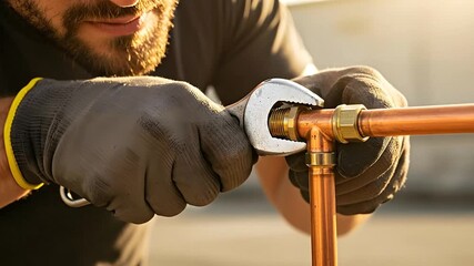 Craftsman with tools repairing metal pipe connection in close up