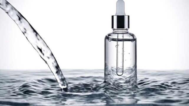 Clear serum bottle with chrome top is surrounded by splashes of water