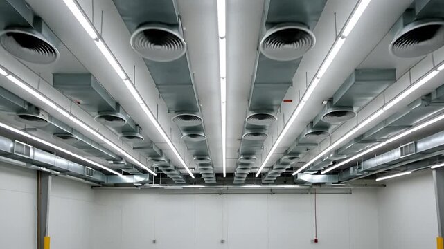 Industrial ceiling with ventilation ducts and fluorescent lighting