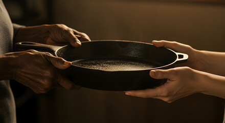 Unity in Diversity: A Touching Moment of Connection as Hands Exchange a Cast-Iron Skillet, Symbolizing Sharing and Culinary Heritage in the Kitchen