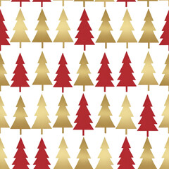 Fototapeta premium Seamless pattern of alternating red and metallic gold Christmas tree silhouettes creating a festive holiday wrapping paper background isolated on transparent background.