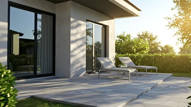 Modern house exterior with patio and air conditioning unit in bright sunlight