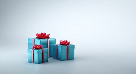 Obraz premium Festive Gift Trio: Three beautifully wrapped presents, each adorned with a vibrant red bow, sit elegantly, evoking anticipation and celebration. Generative Ai