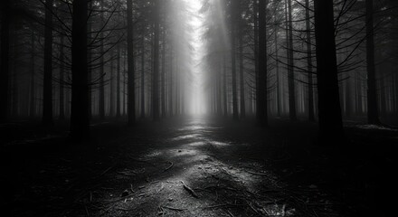 Naklejka premium Eerie dark forest path with light rays shining through the trees