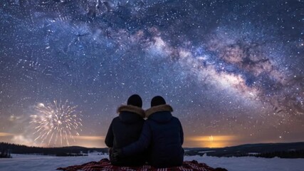 Couple on a blanket gaze at fireworks and the Milky Way in a snowy landscape