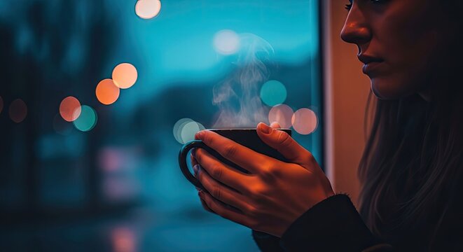 A quiet moment of reflection as a woman holds a steaming mug of coffee, gazing out at the blurred city lights on a cool, atmospheric evening
